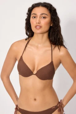 Top bikini doble push-up tejido calado marrón copa B