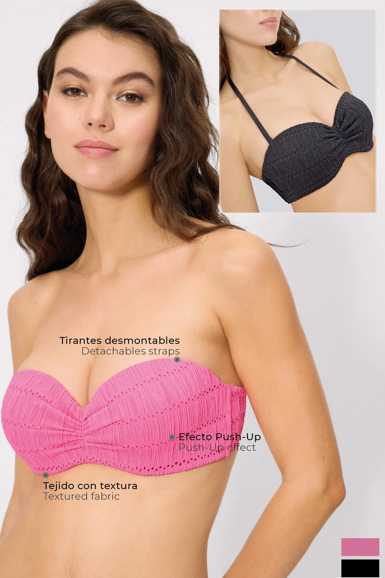 Top bikini push-up textura rosa copa C