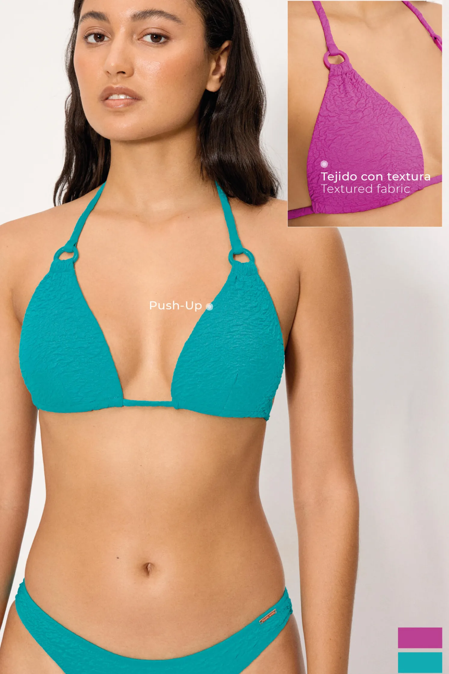Top bikini triángulo push-up con textura lila copa B