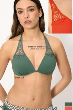 Top bikini triángulo push-up micropiqué coral copa B