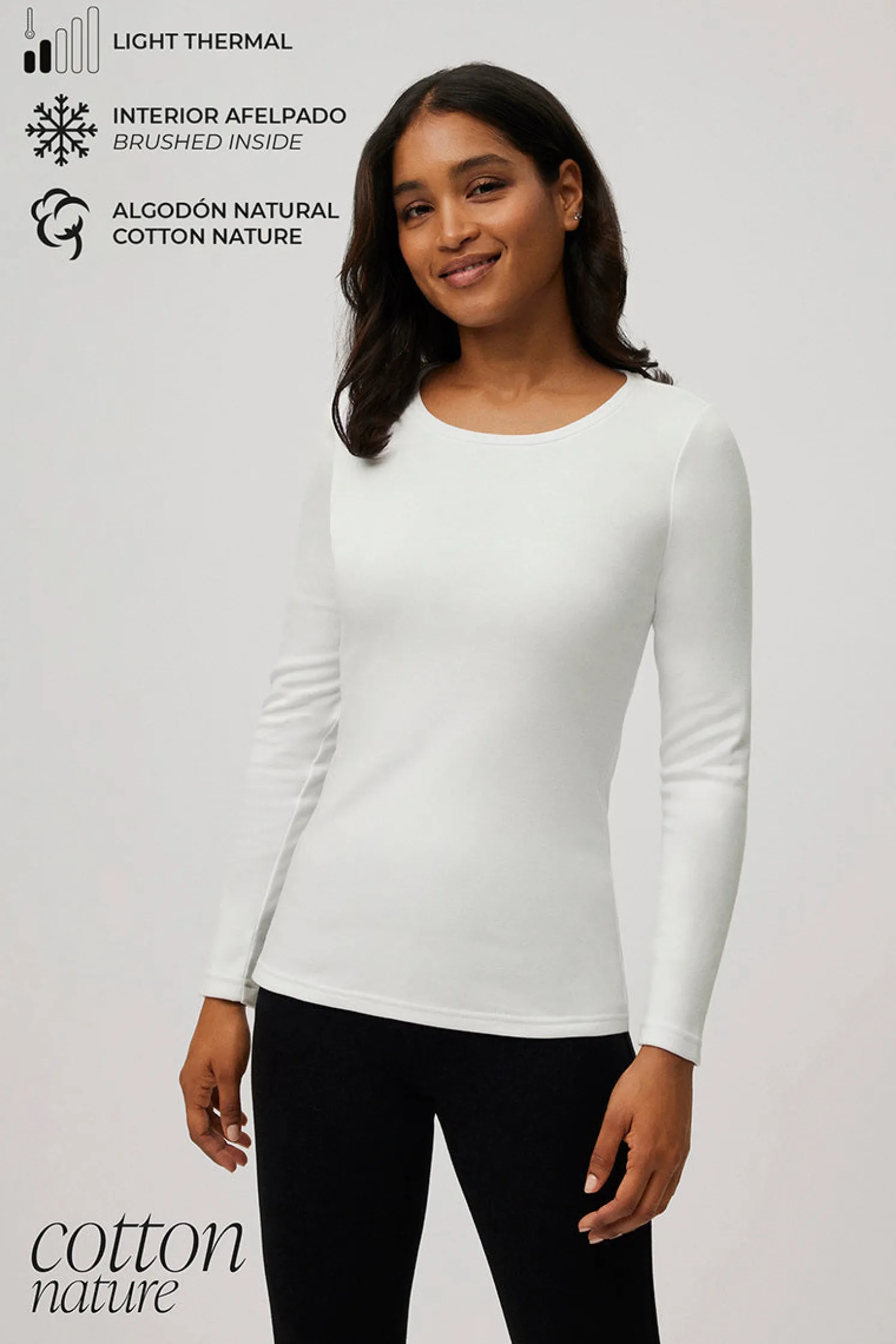 TÉRMICO LIGERO Camiseta aldogón manga larga cuello redondo blanco