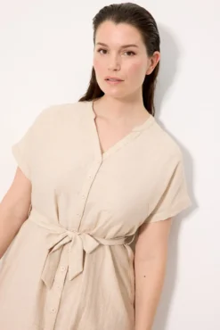 Vestido camisero manga corta con lino