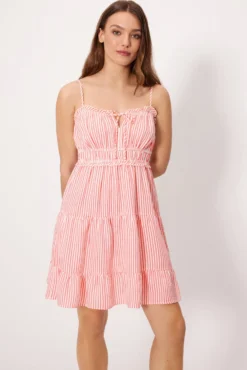Vestido corto tirantes paneles bambula rayas rosa
