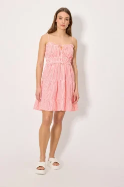 Vestido corto tirantes paneles bambula rayas rosa